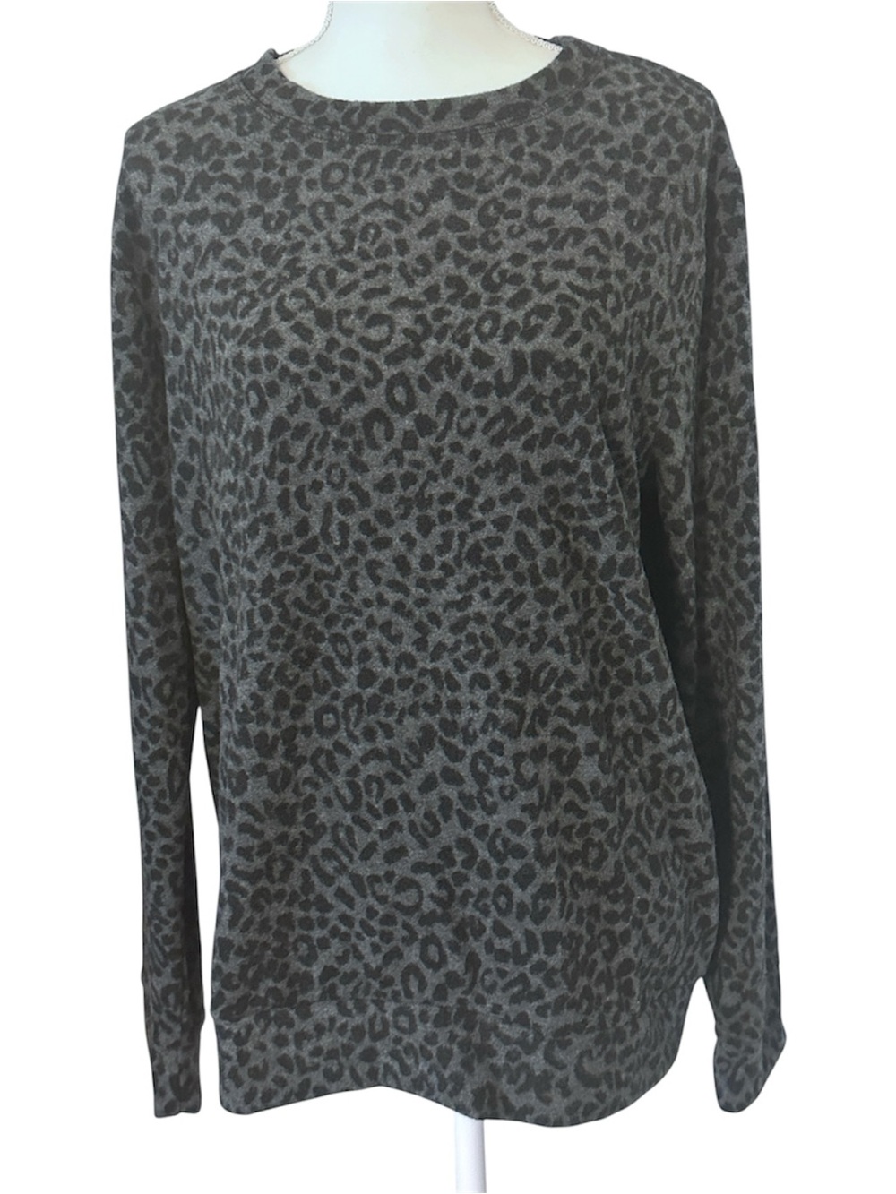 Loveappella Brushed Leopard Print Long Sleeve Crewneck Top.